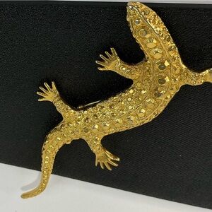 Vintage Gold Color Lizard Reptile Brooch with faux marcasite styling